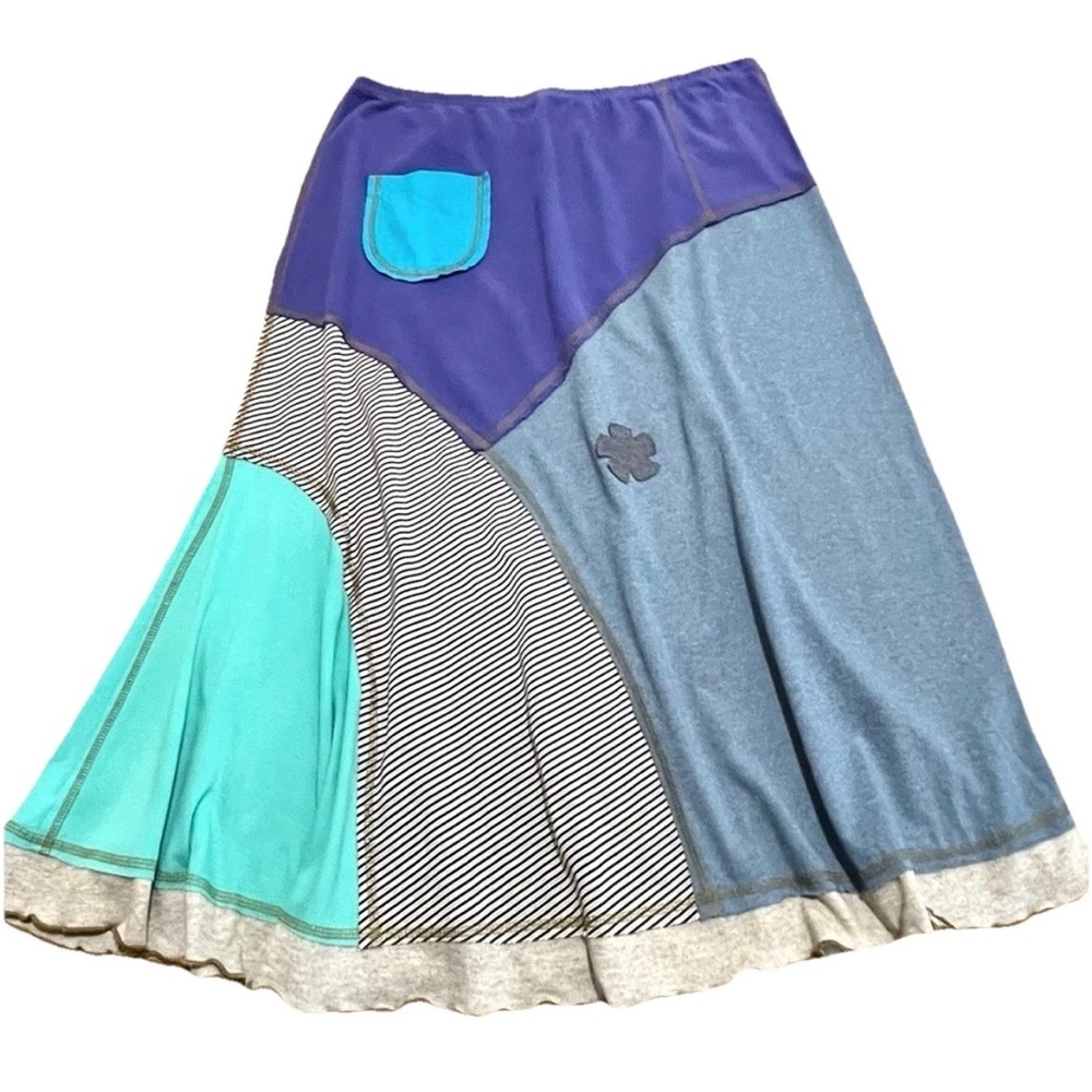 ELISABETHAN Patchwork Upcycled Skirt - below-knee, blue knit cotton